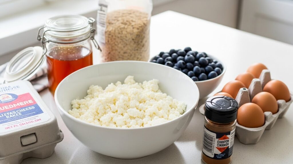 Ingredients for blueberry cottage cheese breakfast bake recipe