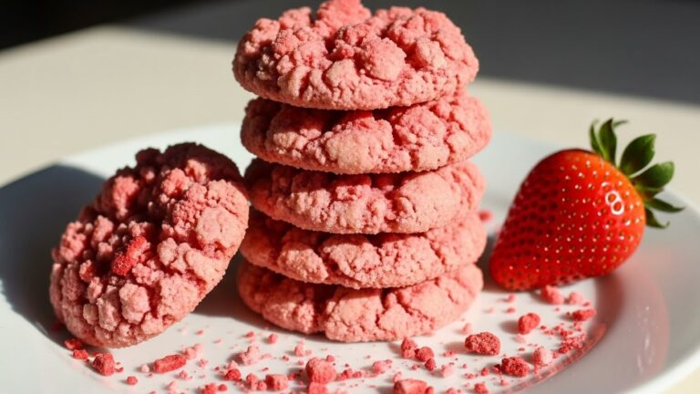 Strawberry crunch cookies stacked on a plate