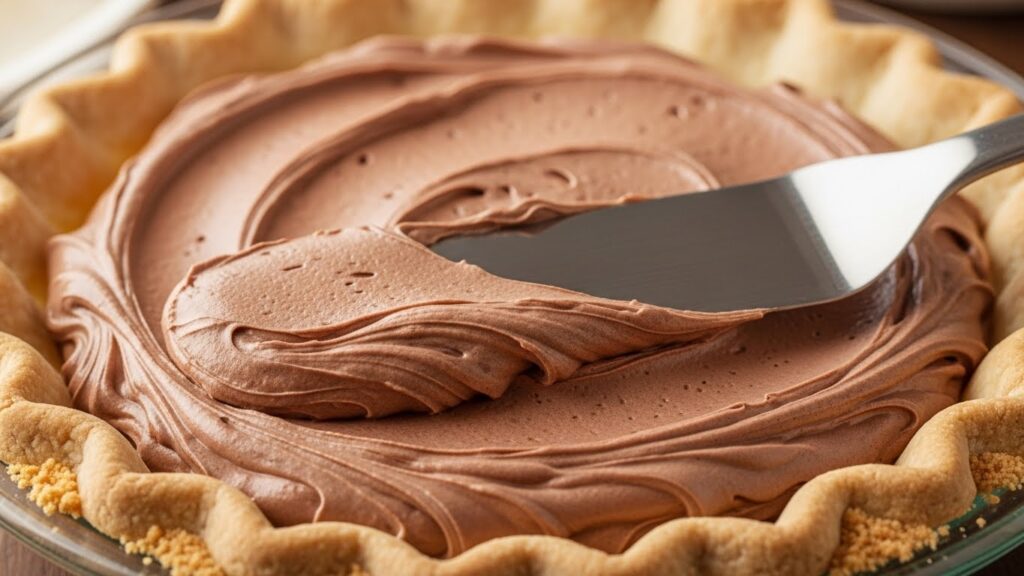 spreading chocolate filling into pie crust