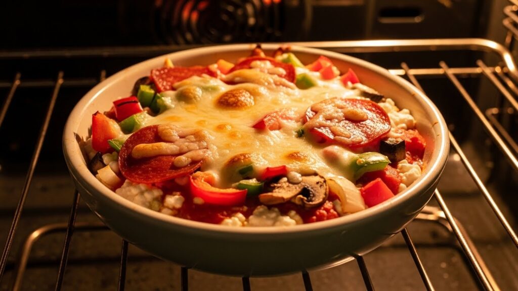 Cottage cheese pizza bowl baking in the oven