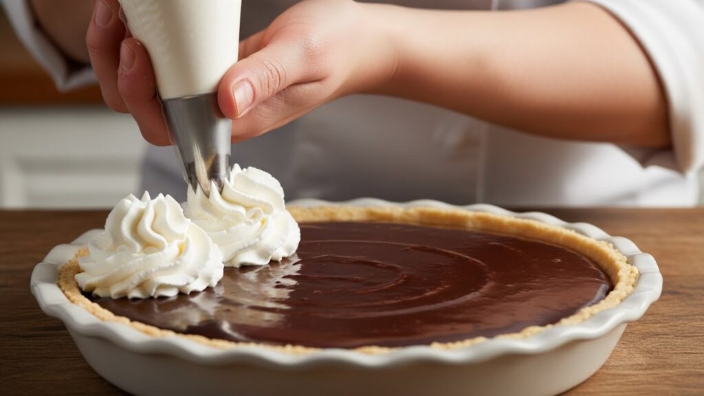 adding whipped cream to French silk pie