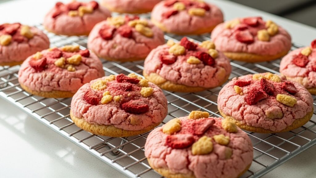 Strawberry crunch cookies cooling after baking