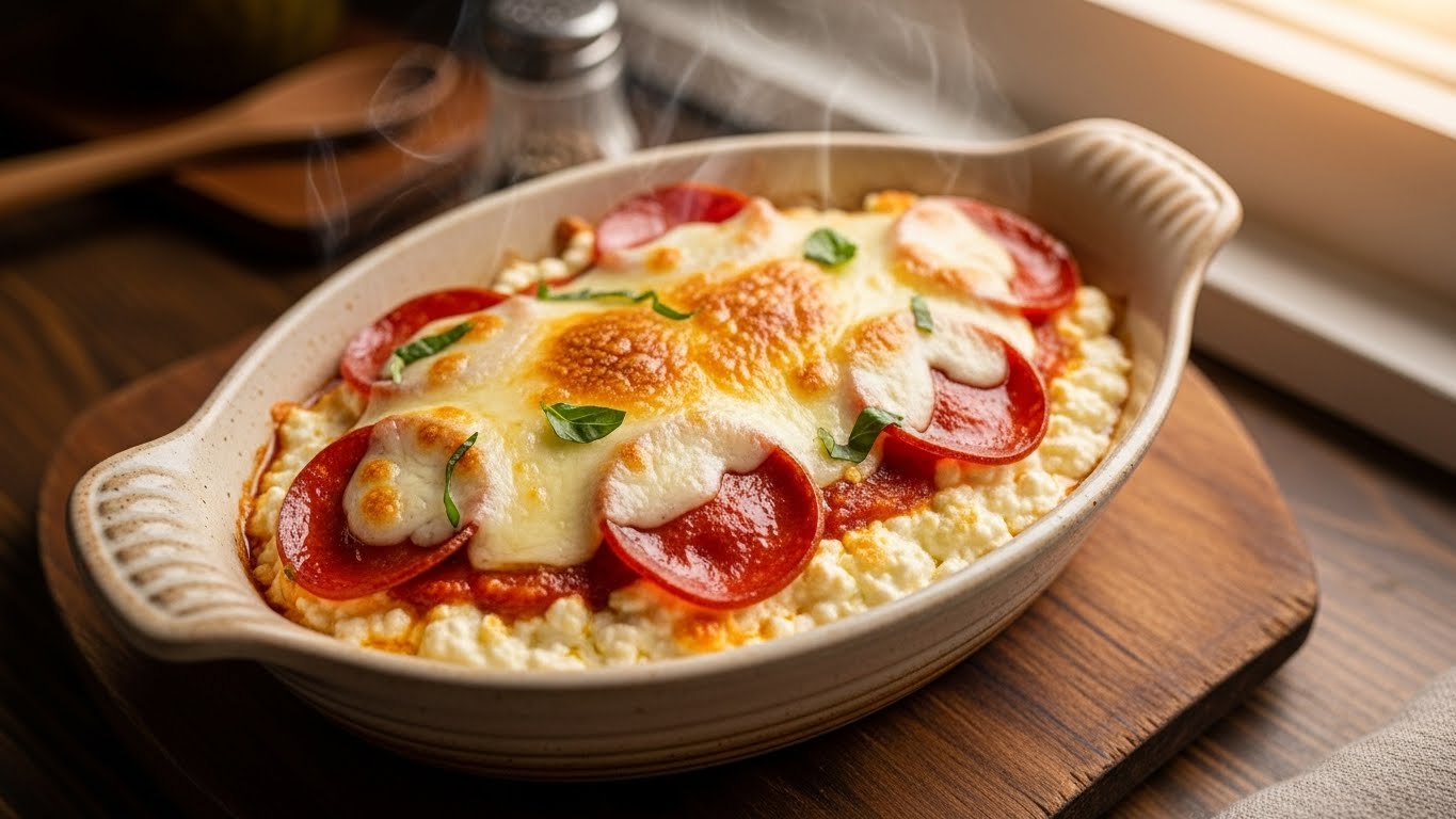 Cottage cheese pizza bowl with melted cheese and pepperoni.