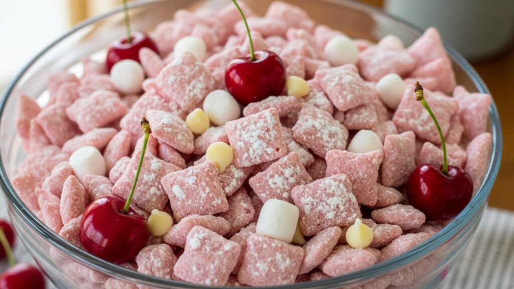 Close up of cherry cheesecake puppy chow