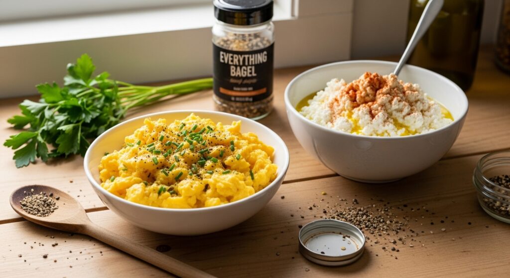 Ingredients for cottage cheese egg bites on a kitchen counter