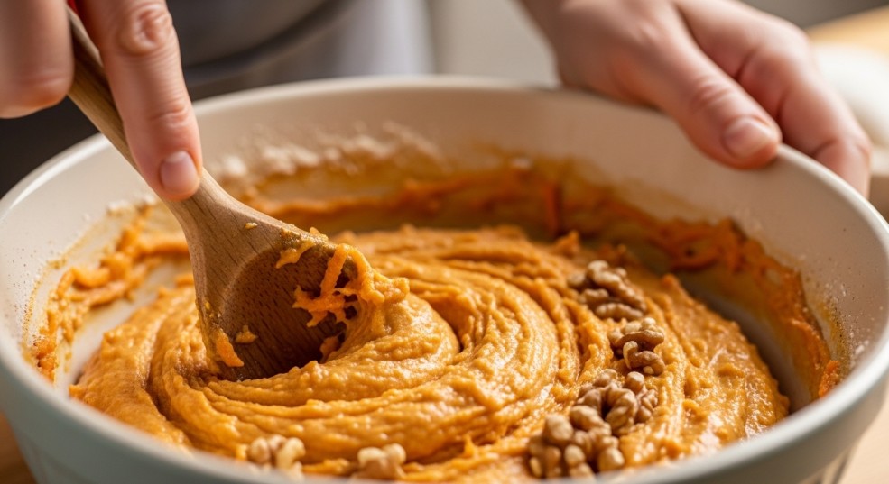 Mixing carrot cake batter with grated carrots in a glass bowl