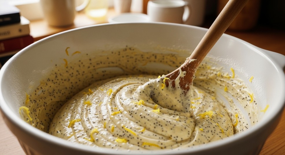 Mixing lemon poppy seed cake batter in a bowl