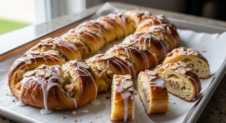 Homemade almond kringle with sweet glaze