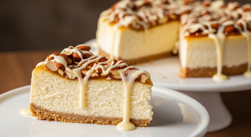 White chocolate almond amaretto cheesecake
