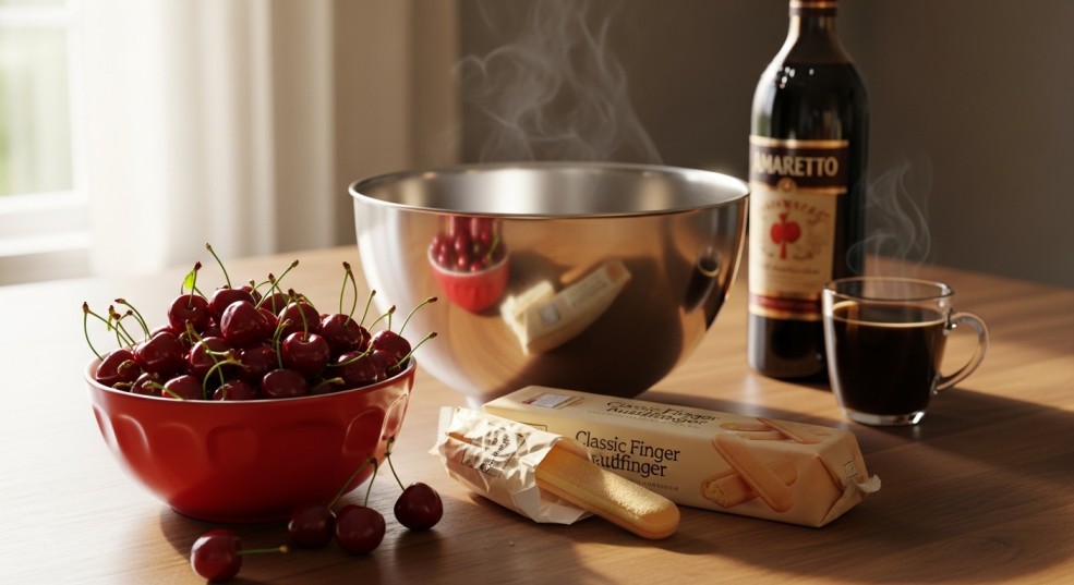 ingredients for cherry amaretto tiramisu
