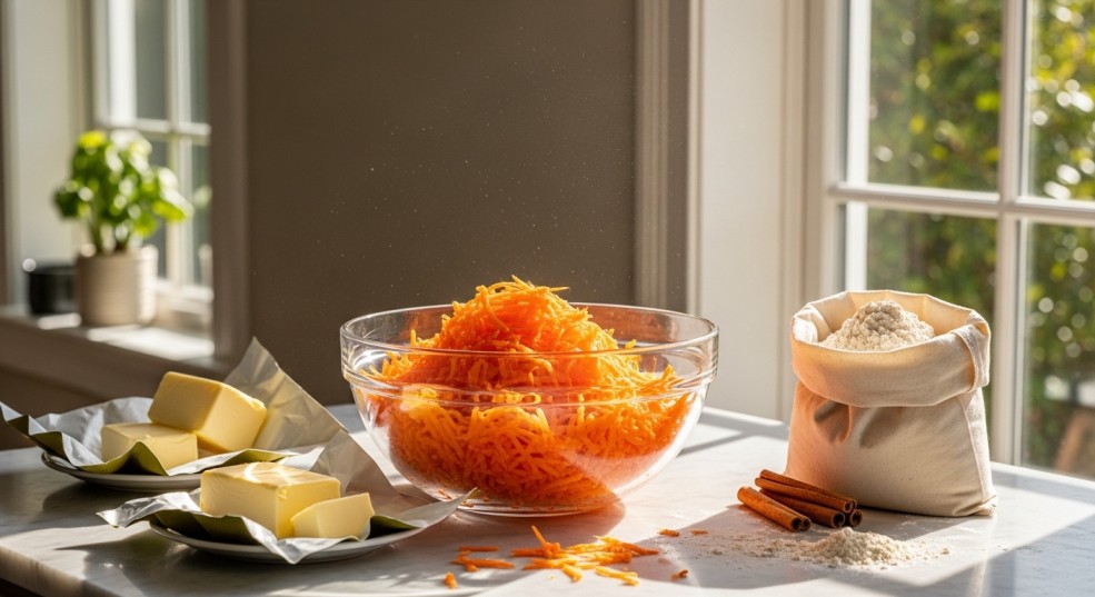 Ingredients for carrot cake bars neatly arranged on a wooden counter
