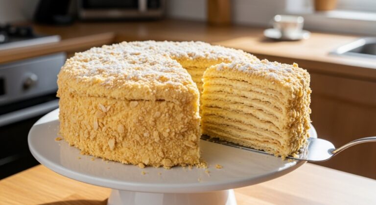 Russian Napoleon Cake with soft creamy layers sliced on a cake stand