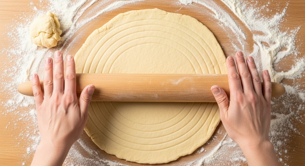Pie crust dough being rolled for coconut cream pie
