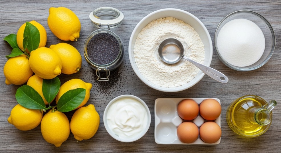 Ingredients needed to make lemon poppy seed cake