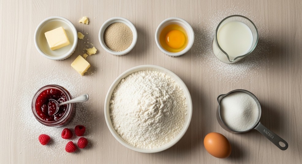 Ingredients for jam donut focaccia recipe