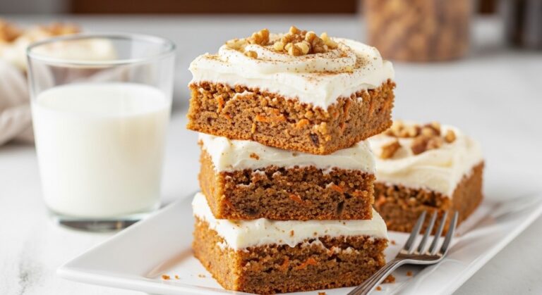 Slicing frosted carrot cake bars on a cutting board