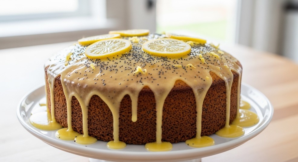 Glazed lemon poppy seed cake with fresh lemon flavor