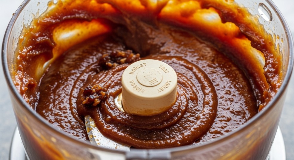 food processor filled with a thick and shiny brown date paste